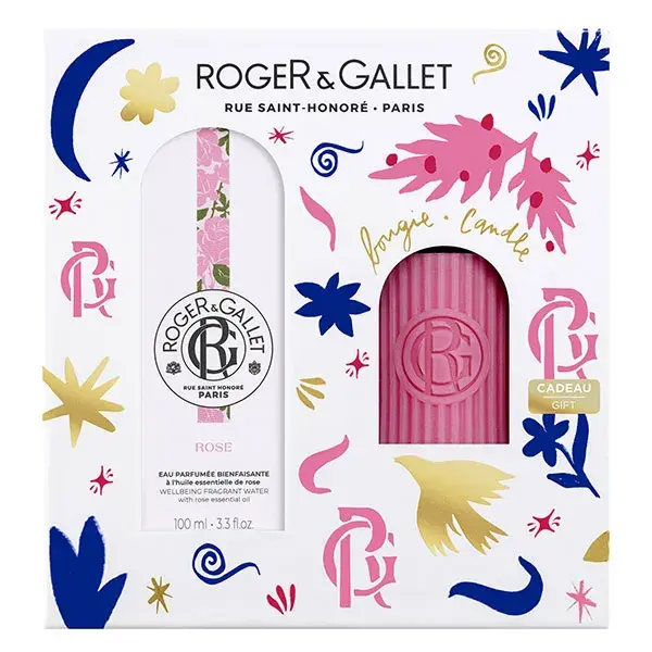 Conjunto de presente Roger & Gallet: Água perfumada de rosas benéficas 100ml e vela perfumada.