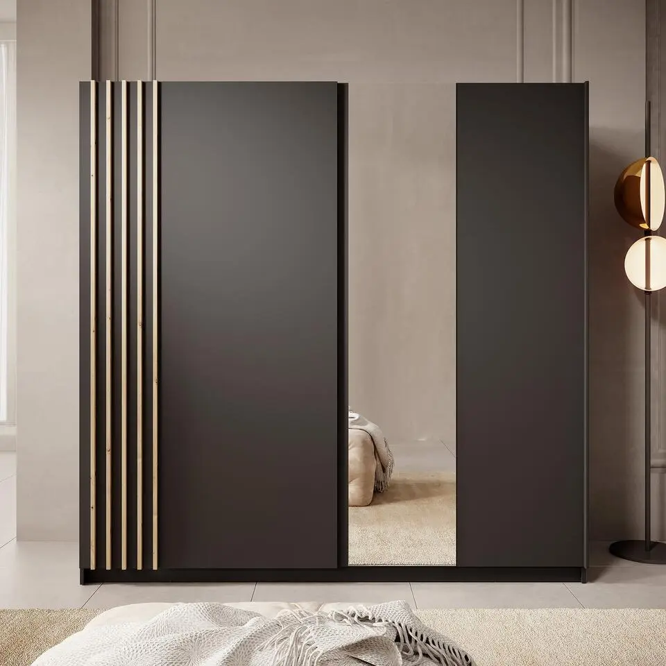 Meubella - Kledingkast Boets - Zwart - Eiken - 200 cm - Met spiegel