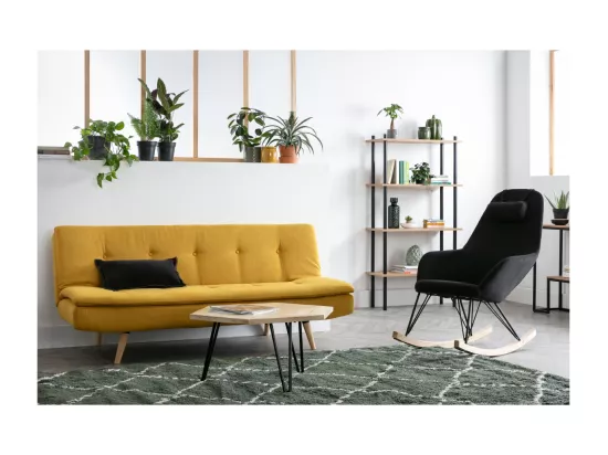 Canapé convertible 3 places en tissu effet velours jaune moutarde et bois clair SENSO