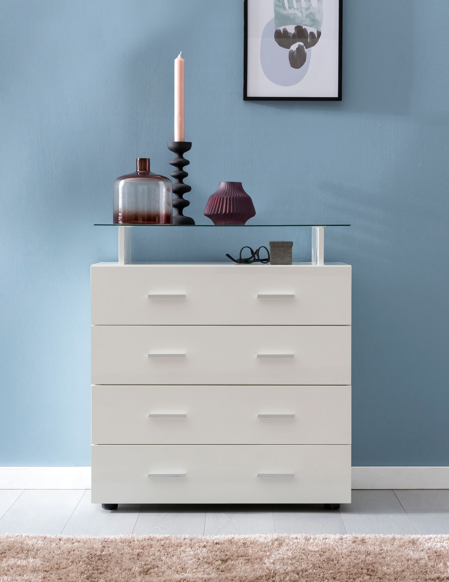 KADIMA DESIGN Hochglanz-Sideboard, Glasplatte, 4 Schubladen, modern, langlebig, 76x84x35 cm.