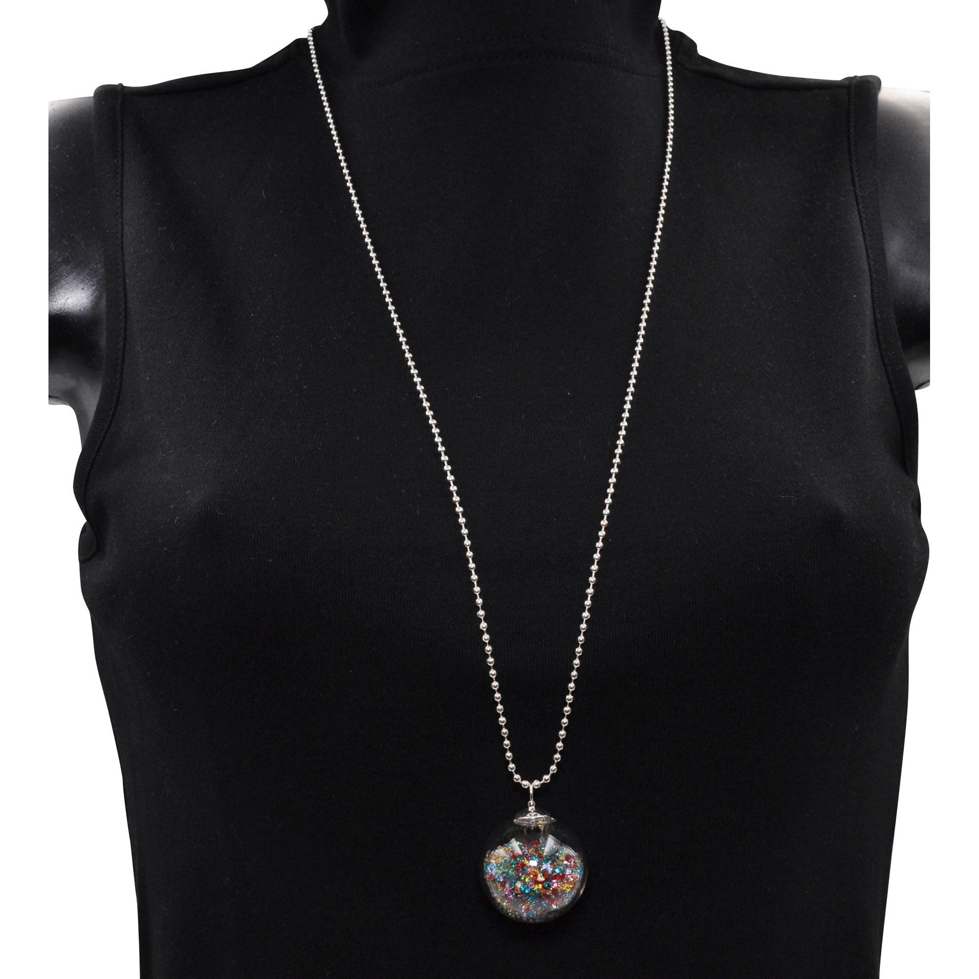 Steuer Modeschmuck Kette Silber Kugel Anhänger Strass bunt