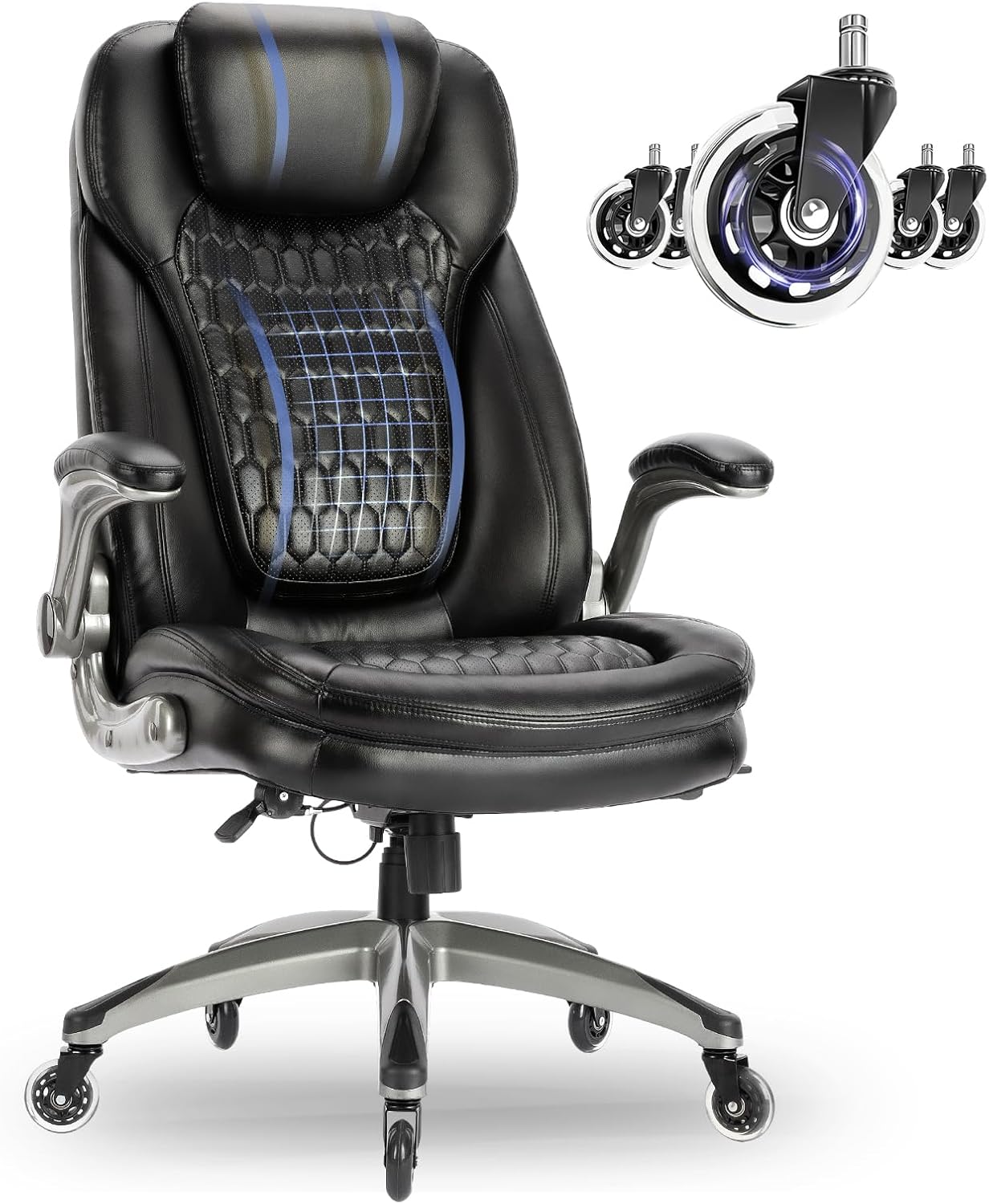 COLAMY Chefsessel aus Atmungsaktivem Leder – Ergonomischer Bürostuhl mit Taschenfederkern-Sitzkissen, Flip-up-Armlehnen& Leisen Rollen für Homeoffice und Büro, Schwarz