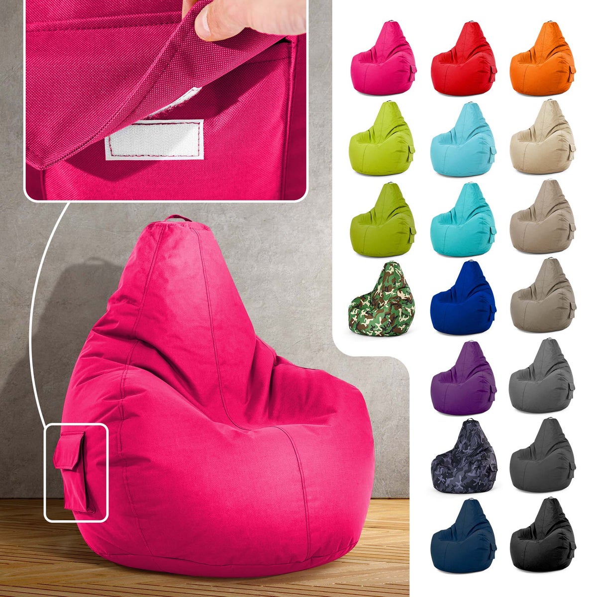 Green Bean Zitzak met rugleuning 80x70x90cm - Gaming stoel met 230L vulling, knuffelzacht, wasbaar - Zitzak vloerkussen, loungestoel, voetenbank, relaxstoel, gamer gaming stoel, roze