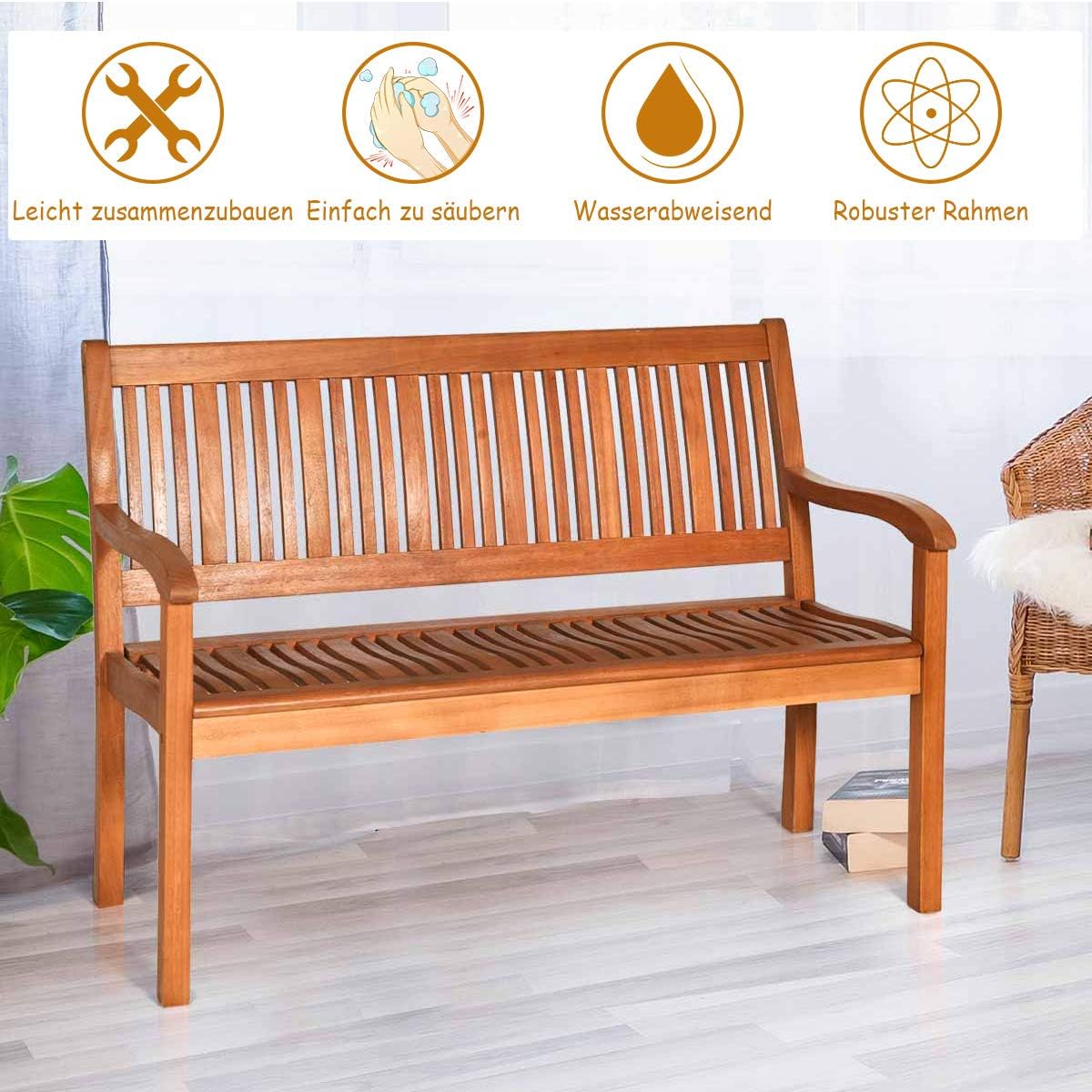 Balkonbank Holz, Holzbank wetterfest, Sitzbank für 2-3 Sitzer, Gartenbank aus Eukalyptus bis 320 kg belastbar, Parkbank für Terrasse, Balkon, Garten, 126 x 63 x 91 cm, Natur