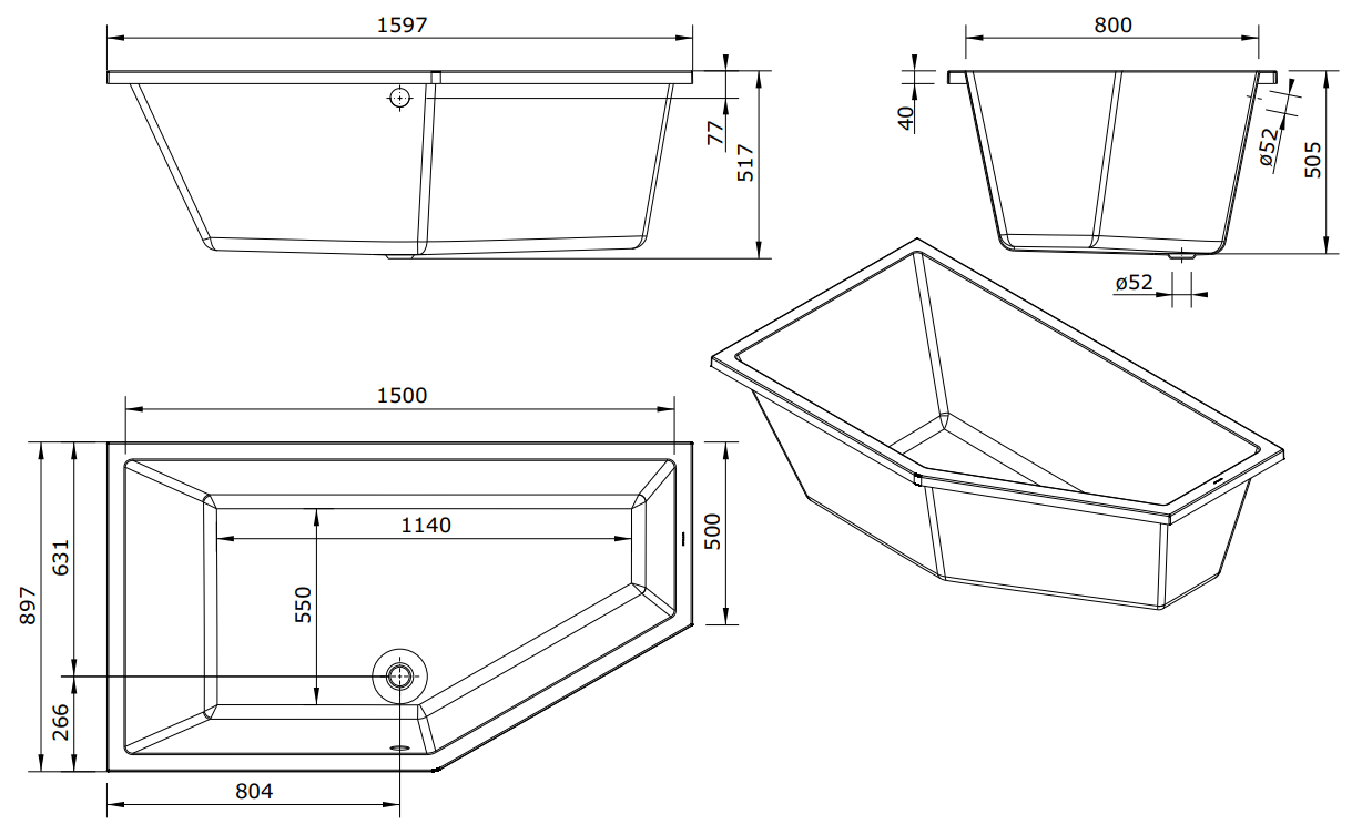 Lambini Designs Florence bubbelbad 160x90cm elektronisch links 6 4 2 hydrojets en 12 aerojets met bedieningspaneel chroom