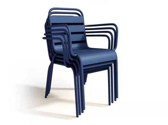 Salle à manger de jardin en métal - une table L.160 cm avec 2 fauteuils empilables et 4 chaises empilables - Bleu nuit - MIRMANDE de MYLIA