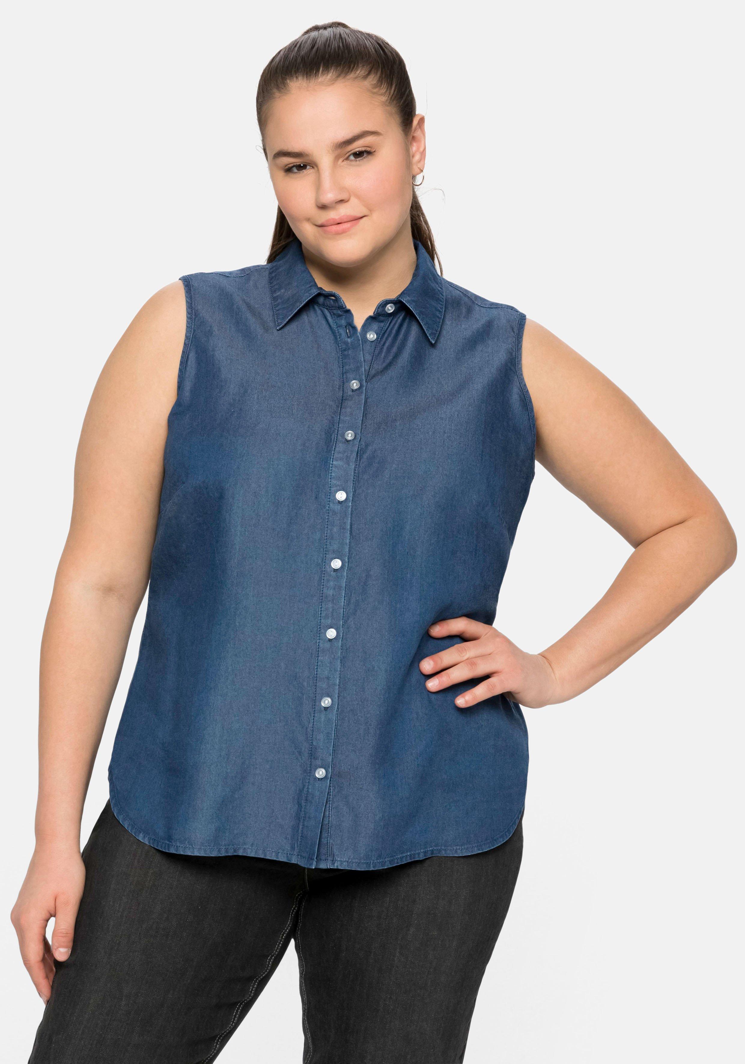 Ärmellose Bluse in Denim-Optik, hinten länger