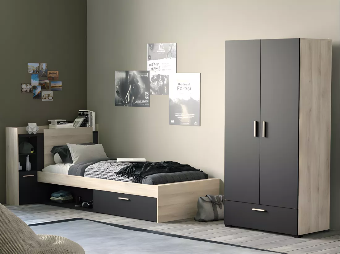 Lit modulable 90 x 190/200 cm avec rangements - Noir et naturel - MARTELO