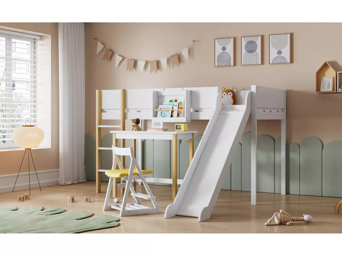 Lit mezzanine 90 x 200 cm avec toboggan, table et étagère amovible, pin+MDF, blanc+naturel