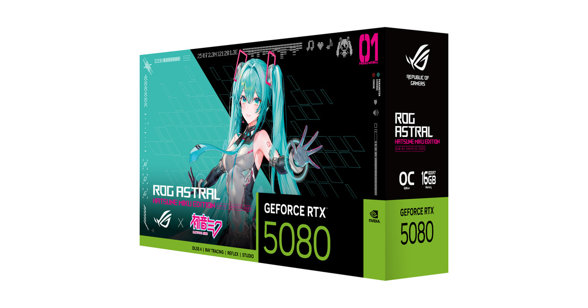 ASUSGeForce RTX 5080 ROG ASTRAL GAMING OC Hatsune Miku Edition grafische kaart  (Turquoise, DLSS 4, 3x DisplayPort, 2x HDMI 2.1)