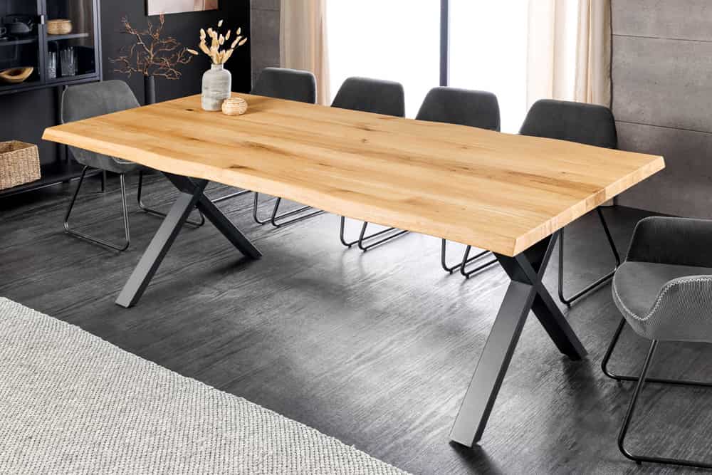 Massivholz Esstisch WILD OAK 160cm natur schwarz Wildeiche Baumkante geölt X-Gestell