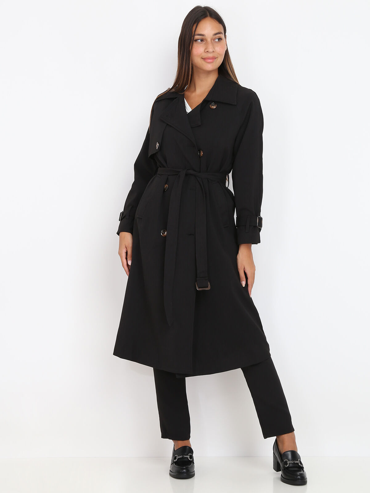 Trench mi-long droit ceinturé- Noir