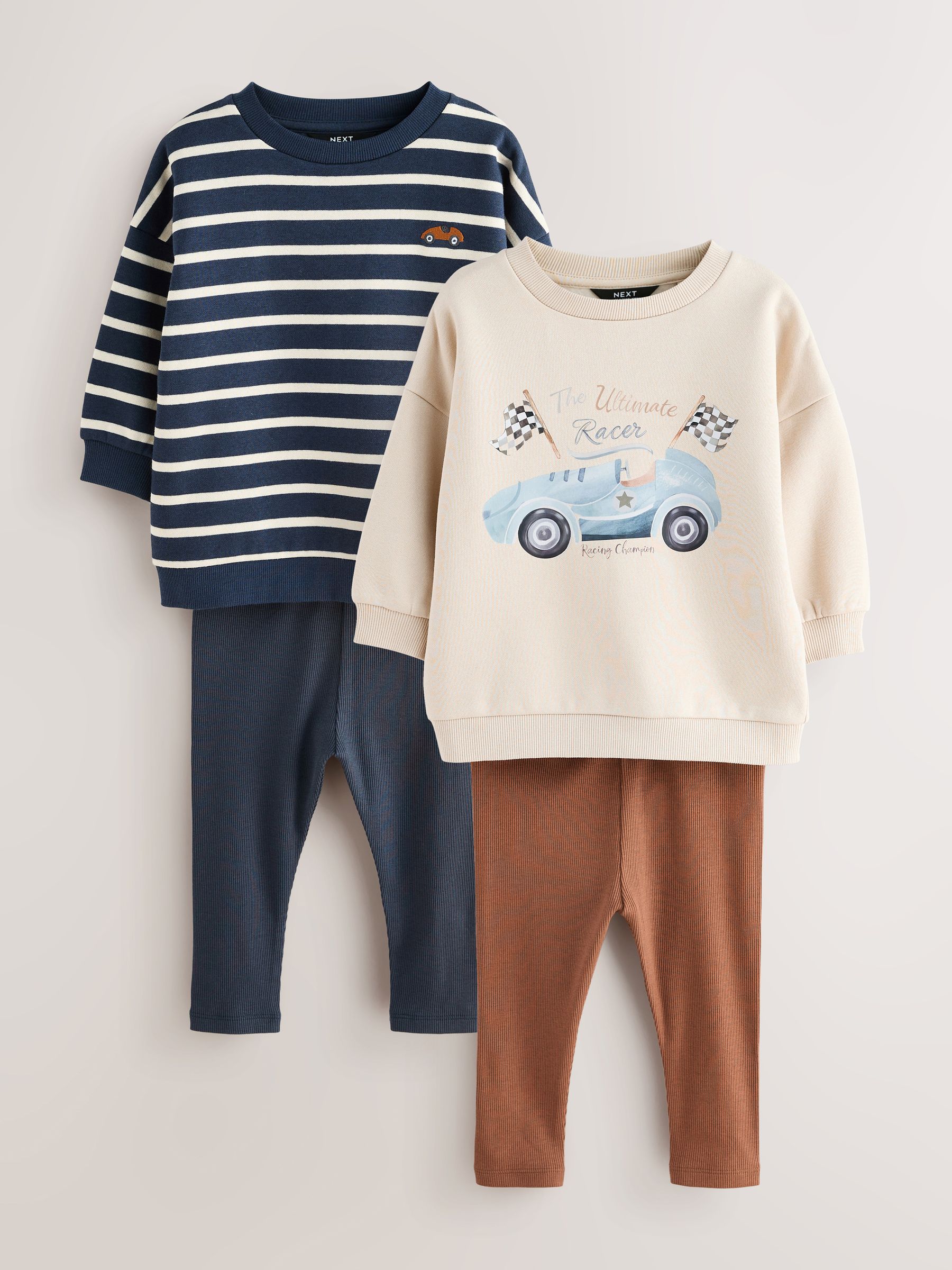 Blue/White Stripe/Car - Set van 2 sweatshirts en leggings (3mnd -7jr)