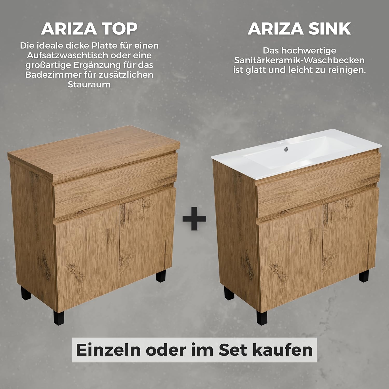 Waschbeckenunterschrank Ariza TOP 80 cm Breite, ohne Waschbecken, Unterschrank mit Schublade, Hängend oder Stehend, für Aufsatzwaschbecken - Holz/Eiche Lancelot