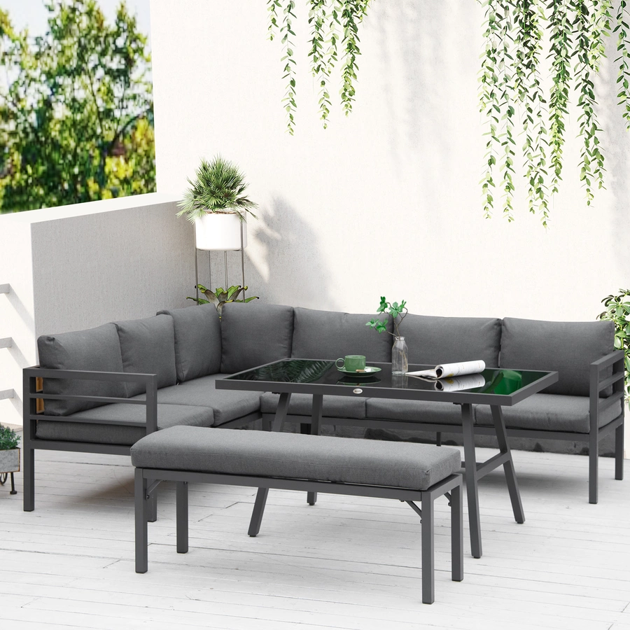Outsunny Gartenmöbel-Set mit Kissen und Bank grau