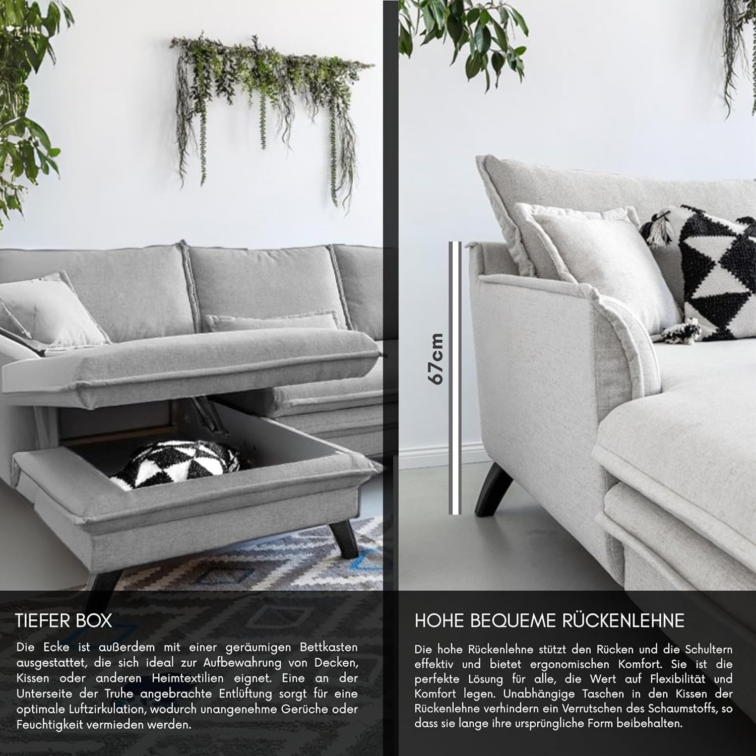 MIUFORM Charming Charlie mit Bettkasten und mit Bettfunktion | 4 Sitzer Sofa | L-form links | 228 x 150 x 90cm | Klappsofa mit Schlaffunktion | Schlafsofa klappbar (Beige)
