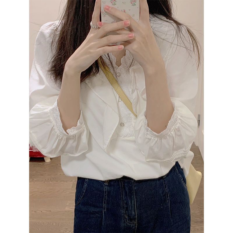 Onipixiy - Blouse met lange mouwen en kanten rand