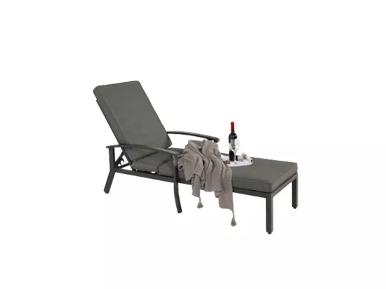 Chaise longue de jardin 1 pièce avec coussin gris imperméable en coton inclinable et réglable structure aluminium antirouille transat piscine extérieur
