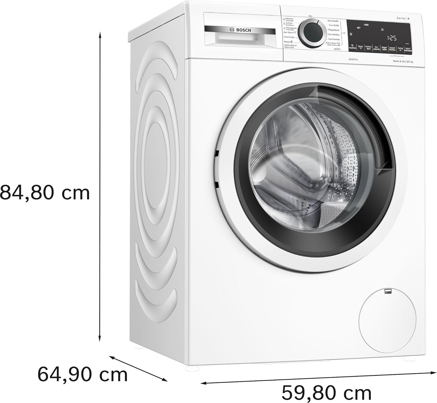 Bosch WNA13441 Serie 4 Waschtrockner, 9 kg Waschen & 5 kg Trocknen, 1400 UpM, optimale Trocknung, clevere Dampfbehandlung, leiser und effizienter Motor, Wäschepflege in 60 Minuten