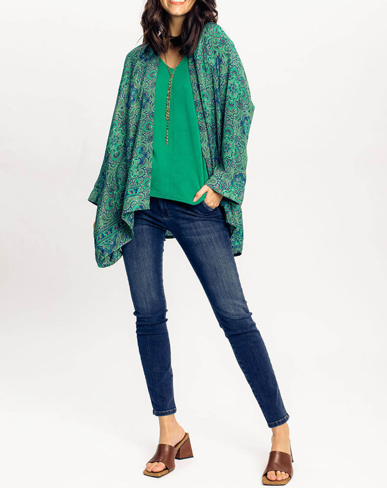 Lauren Vidal Kimono en Soie mélangée Sasha imprimé vert/bleu
