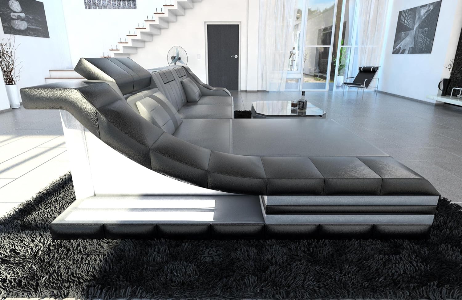 Sofa Dreams Ledersofa Turino L Form Ecksofa - mit LED Beleuchtung, verstellbare Kopfstützen, Recamiere/Lederfarben wählbar/Ausrichtung wählbar (Ottomane Links, Grau-Schwarz)