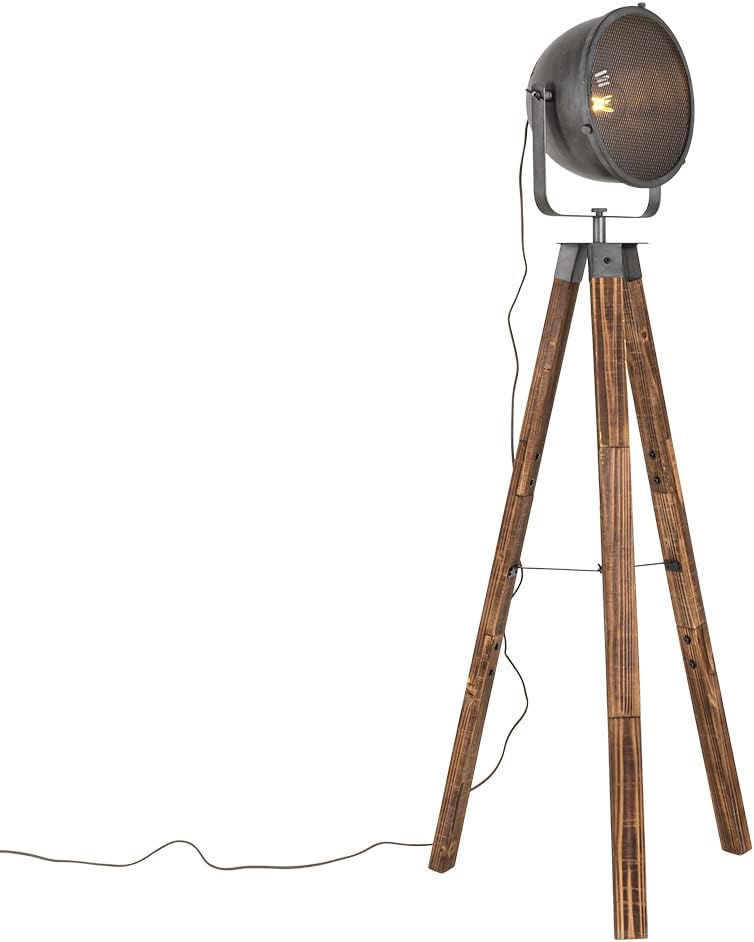 QAZQA - Industrie I Vintage I Industrie I Vintage I Stehleuchte I Stehlampe I Standleuchte I Lampe I Leuchte mit Stativ aus Stahl I Silber I nickel matt und Holz neigbar – Emado I Wohnzimmer I Schlafz