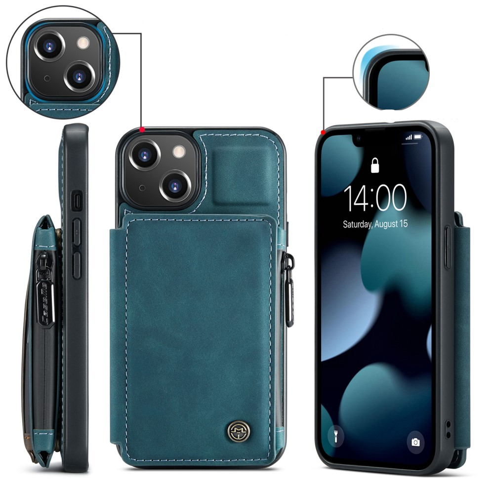 iPhone 13 Leder Schutzhülle mit Münzbeutel   3 Kartenfächern - Blau / Grün