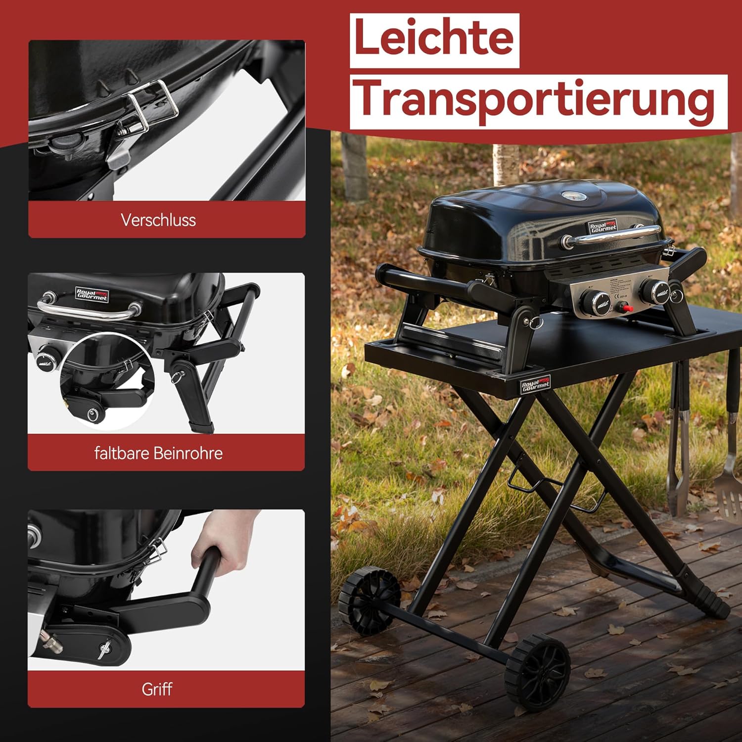 Royal Gourmet Tragbarer 2-Brenner Gasgrill inkl. Grilltisch, 5kW Tischgrill mit separatem Rollwagen, Portabler Tischgasgrill mit Klapptisch für Balkon,Terrasse, Camping Schwarz