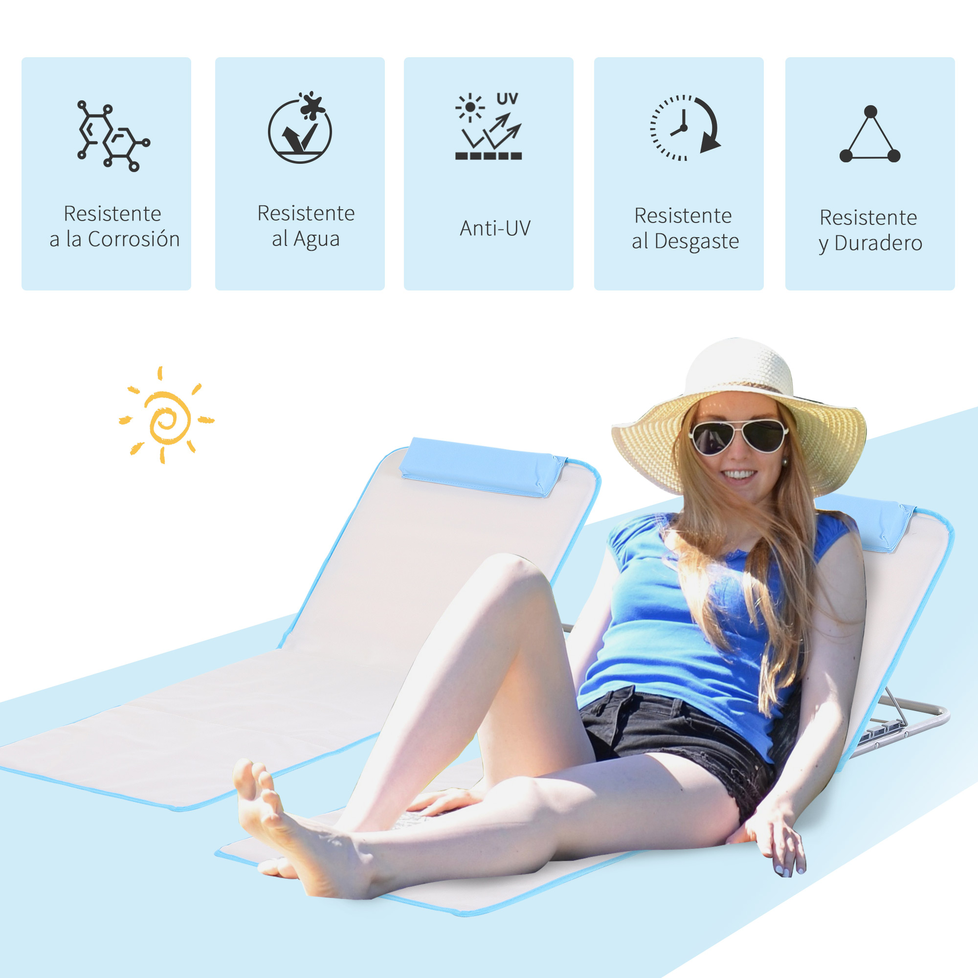 Conjunto Outsunny de 2 esteiras de praia dobráveis com encosto reclinável em 5 níveis, apoio de cabeça e bolsa de transporte, 134x48x33-43 cm, bege