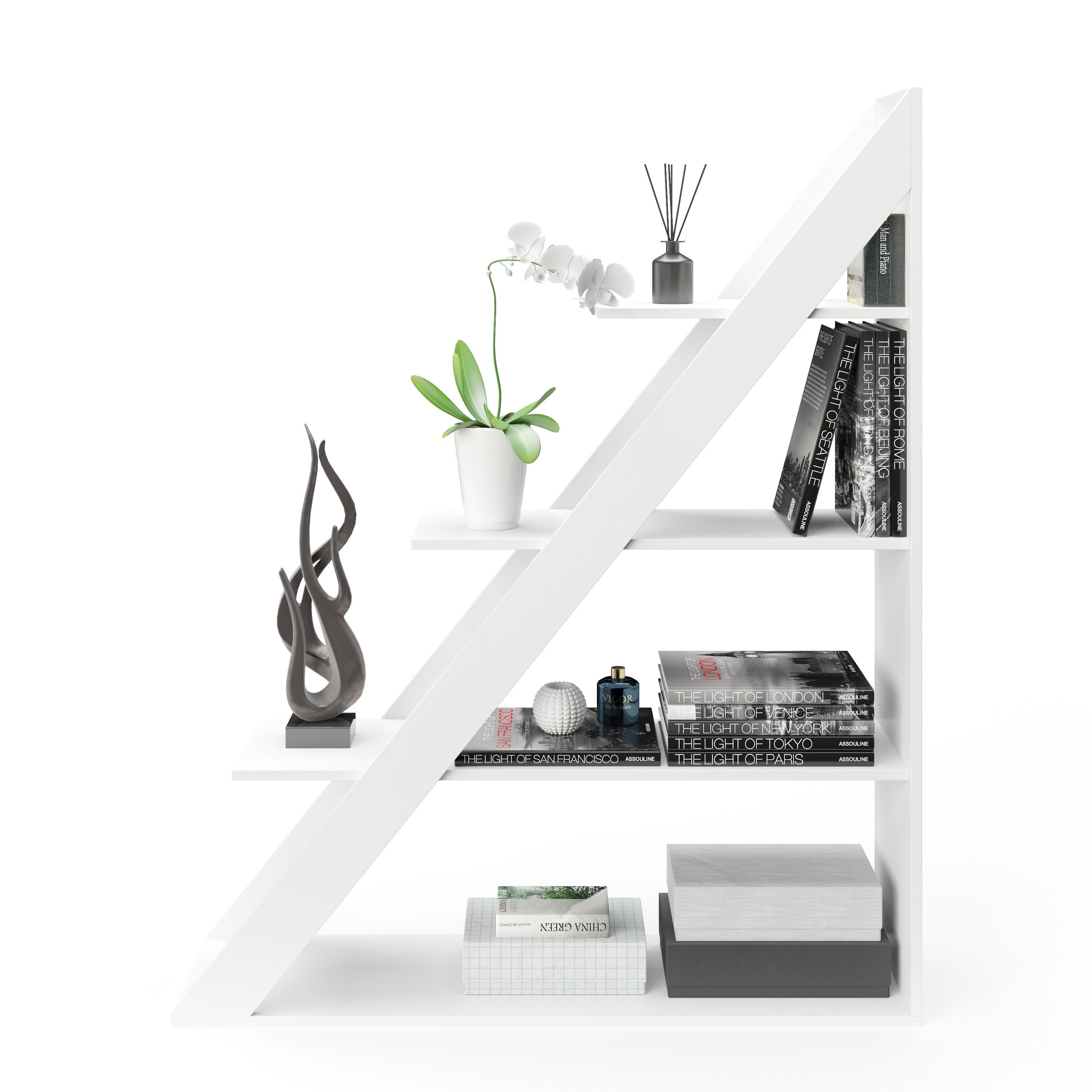 Kairo - Bücherregal, Raumteiler, Büroregal mit 4 Böden, einseitig schräg, weiss