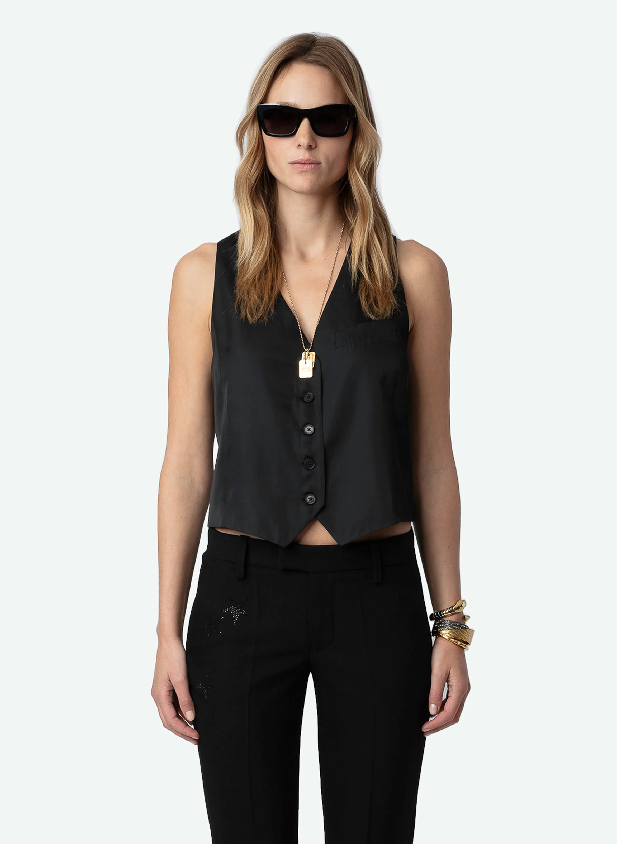 EMAUX - Gilet de costume col V en satin | Noir