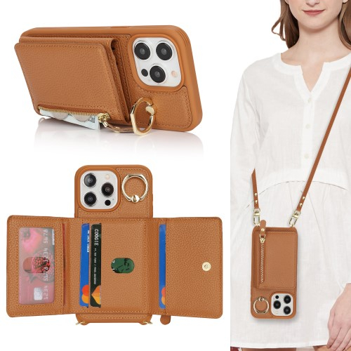 iPhone 14 Pro Necklace Leder Hülle mit Münzfach und Kartenfächer   Finger Griff Halterung   Handykette - Braun