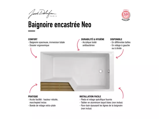 Pack baignoire bain douche antidérapante 160 x 90 JACOB DELAFON Neo blanc mat - v.droite + pare bain noir mat + tablier