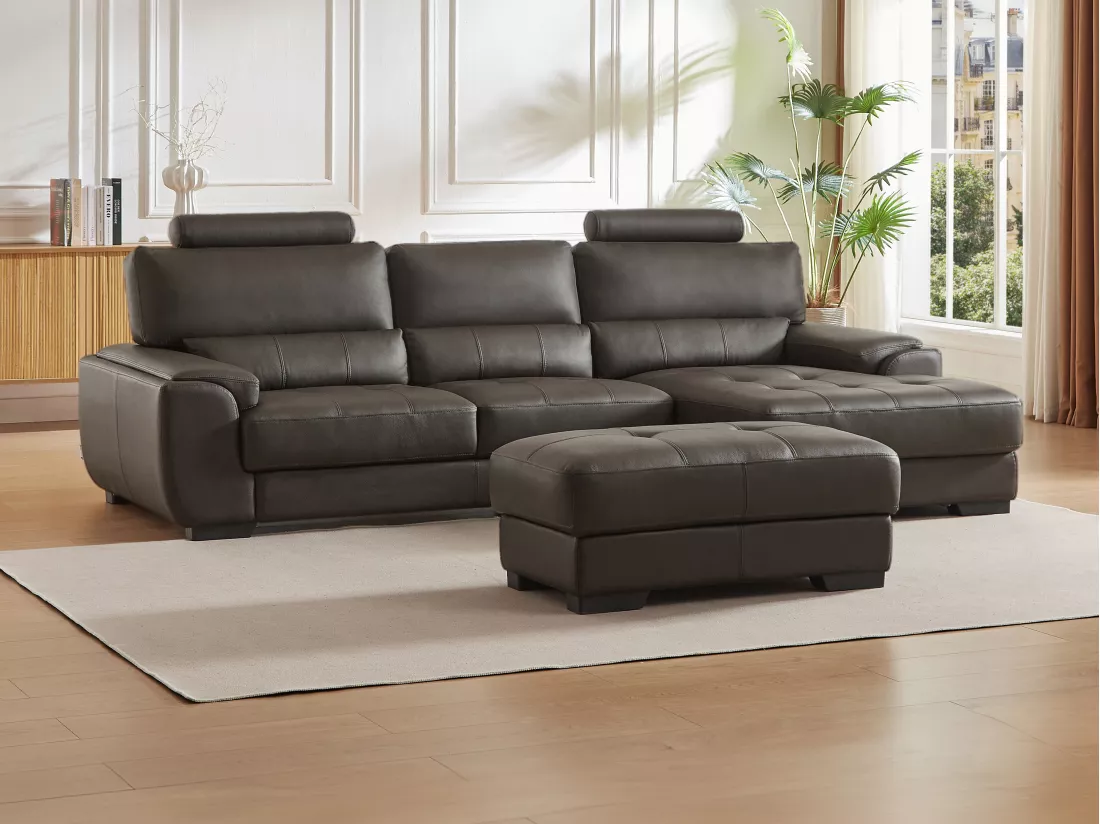 Canapé d'angle et pouf en cuir METROPOLITAN II - Marron - Angle droit