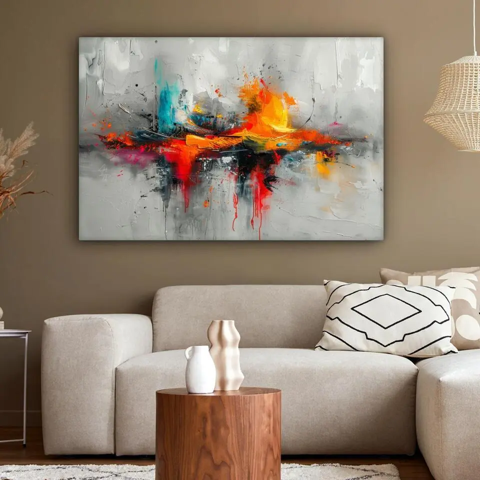 MuchoWow Canvas Schilderij 120x80cm Moderne kunst Oranje Grijs