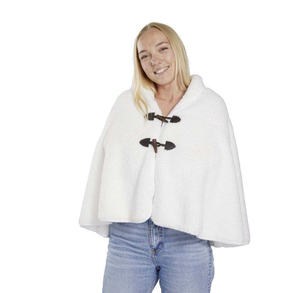 Veste plaid châle moutonné blanc 75x150cm avec boutons à brandebourg