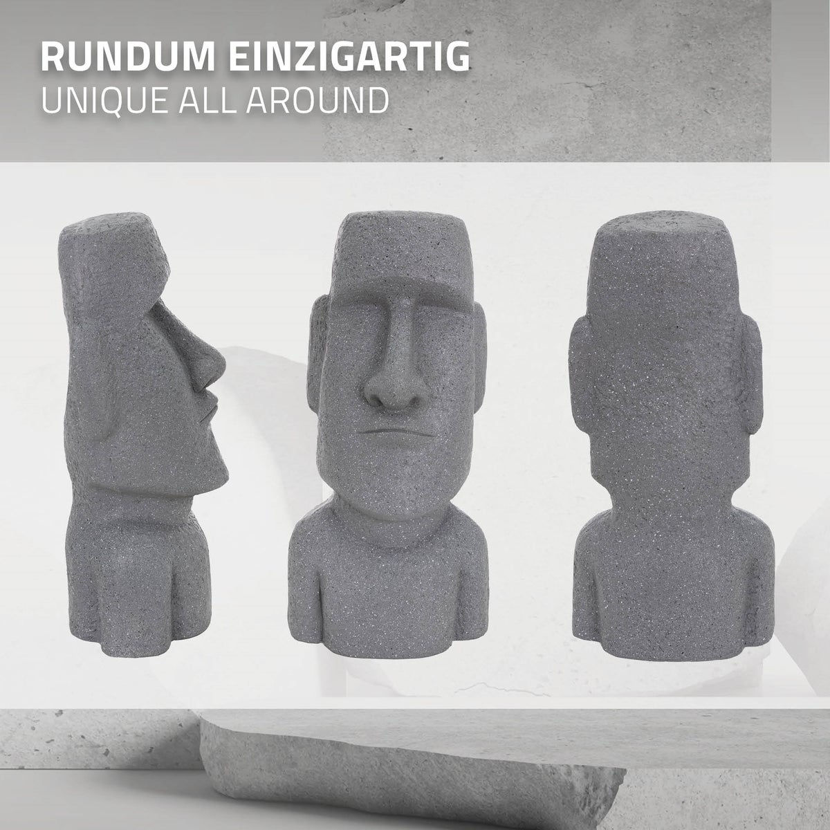 ECD Duitsland Moai figuur Rapa Nui hoofd 53,5 cm hoog gemaakt van weerbestendig gegoten steenhars, grijs, Paaseiland beeld als decoratie voor huis & tuin, tuinfiguur, decoratief figuur, sculptuur voor binnen & buiten