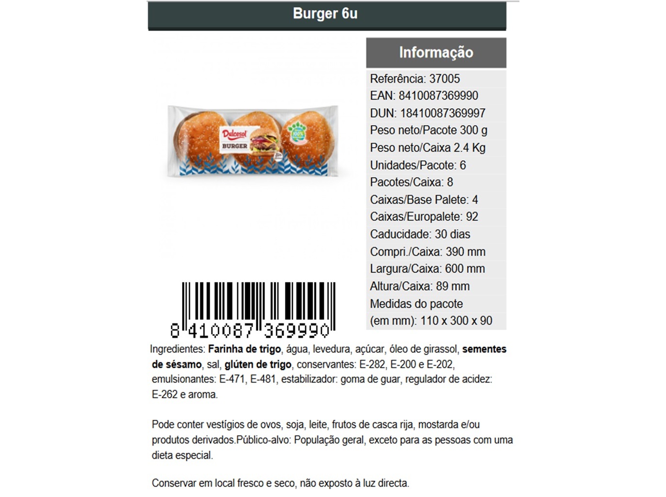 PÃO DULCESOL HAMBURGUER 6UN 330G