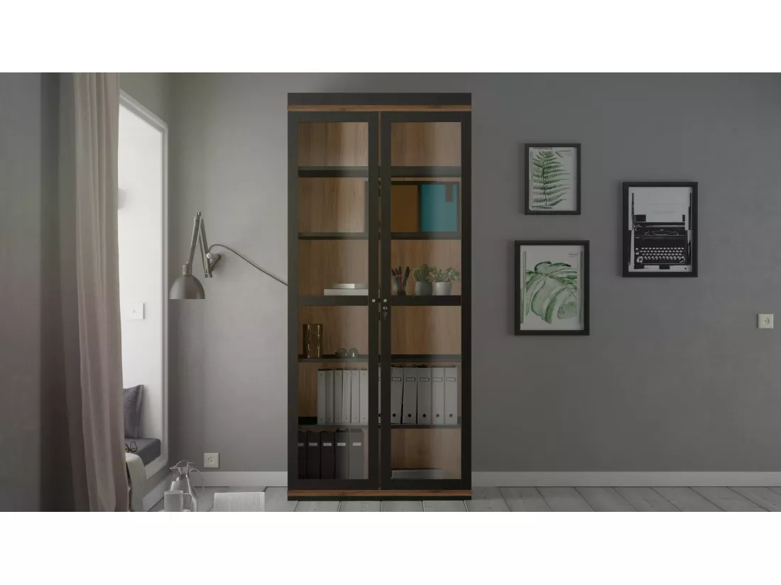 Vitrine Dvazque, Buffet d'exposition, Vitrine polyvalente, Buffet de salon, 89x36 h200 cm, Noir et Noyer