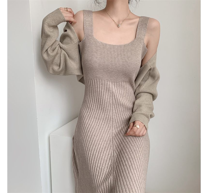 Odestra - Mouwloze vierkante hals, effen gebreide midi-A-lijn jurk / effen bolero-cardigan