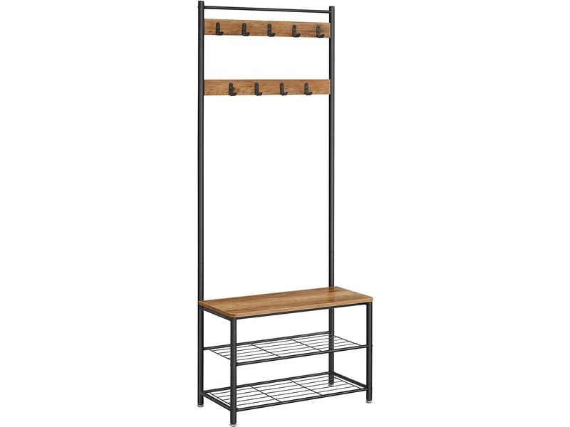 VASAGLE Garderobe mit Schuhregal 32 cm x 175 cm, Braun/Schw Kleiderständer mit Sitzbank