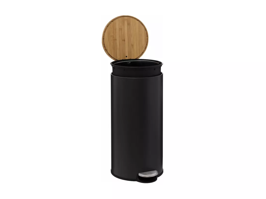 Poubelle 30 Litres en Métal Noir charbon et Couvercle en Bambou
