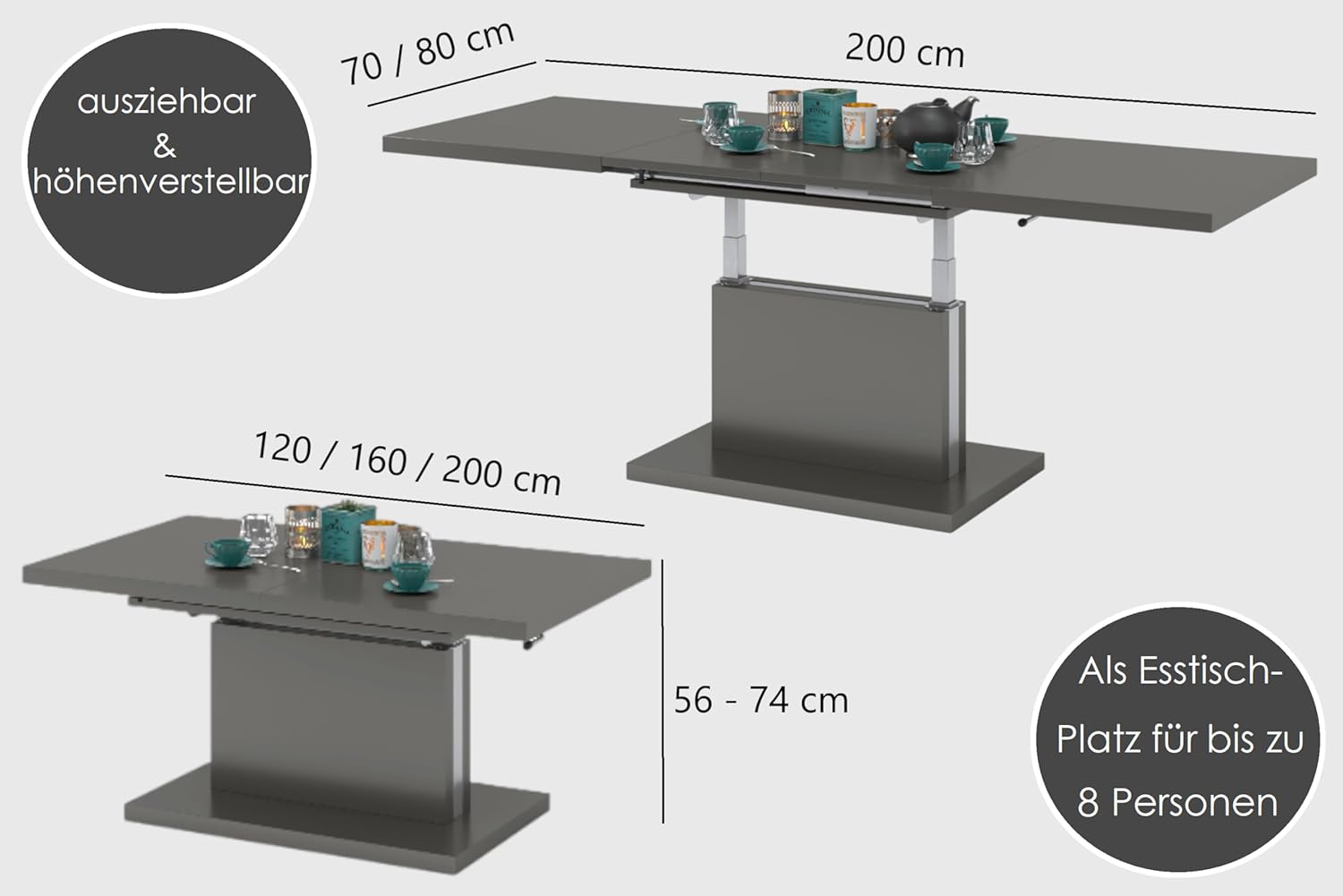 Mazzoni Aston Couchtisch ausziehbar höhenverstellbar 120/200cm in Eiche Halifax modern vielseitig Wohnzimmertisch Esstisch Beistelltisch Sofatisch platzsparend hochwertig Wohnzimmer