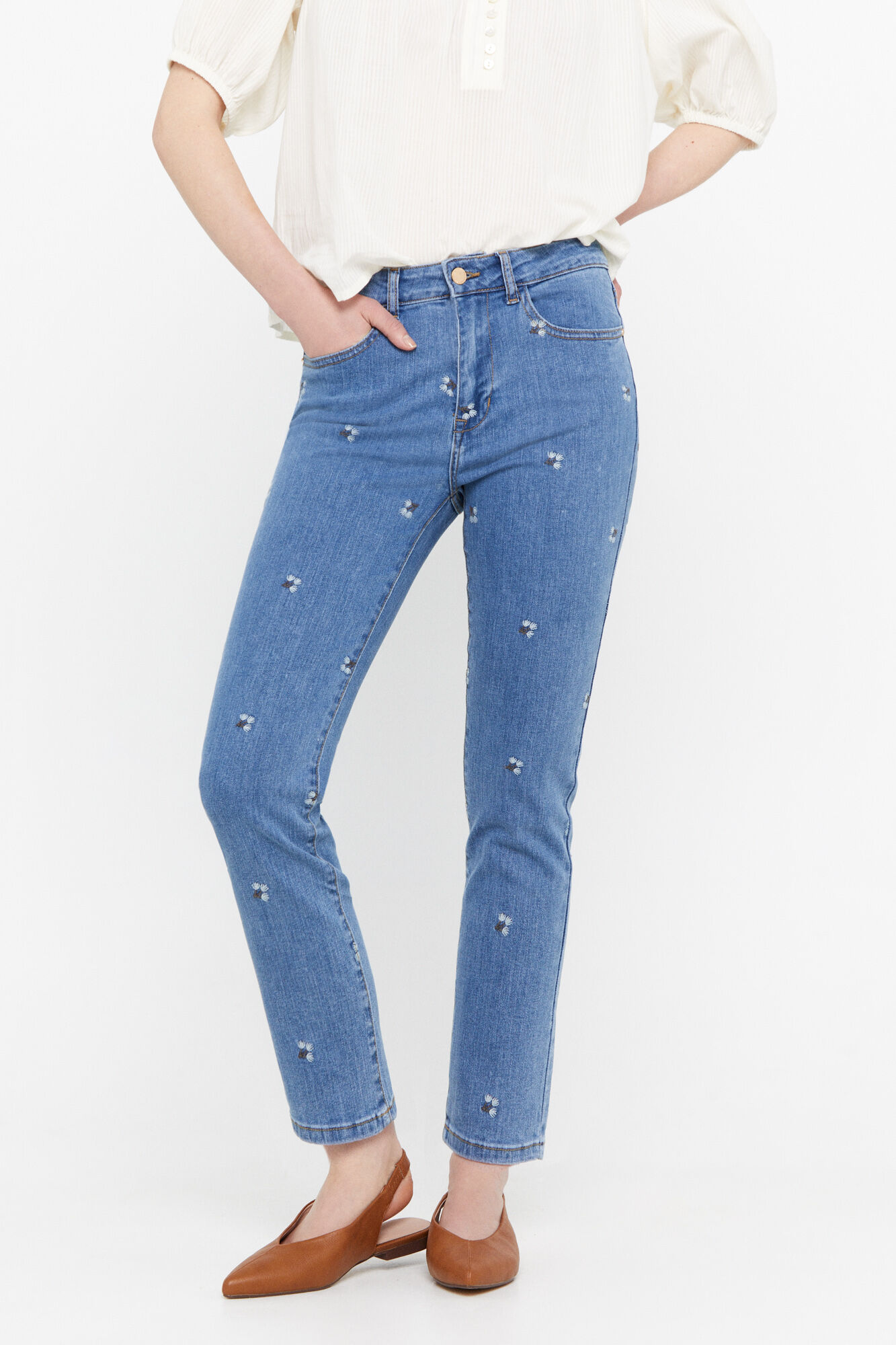 Calça jeans cropped com 5 bolsos - Azul