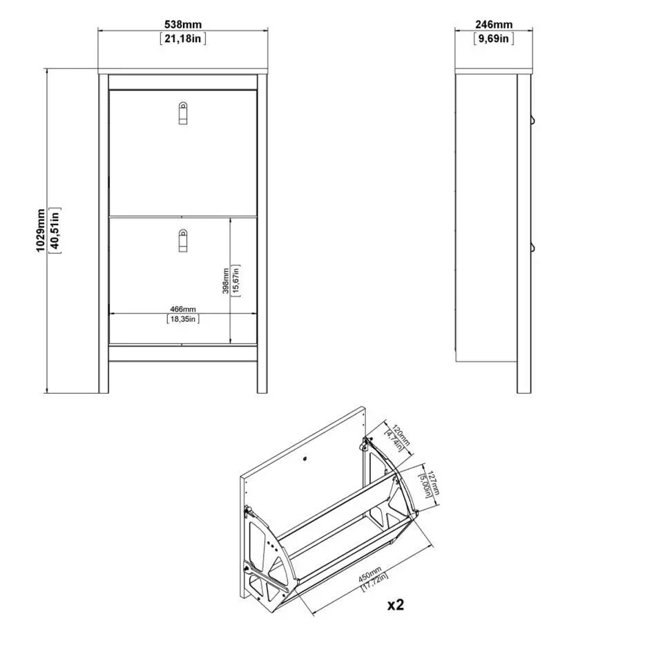 Hioshop Madrid schoenenkast 2 kleppen zwart mat
