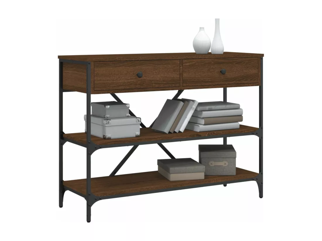 Table console avec tiroirs et étagères chêne marron