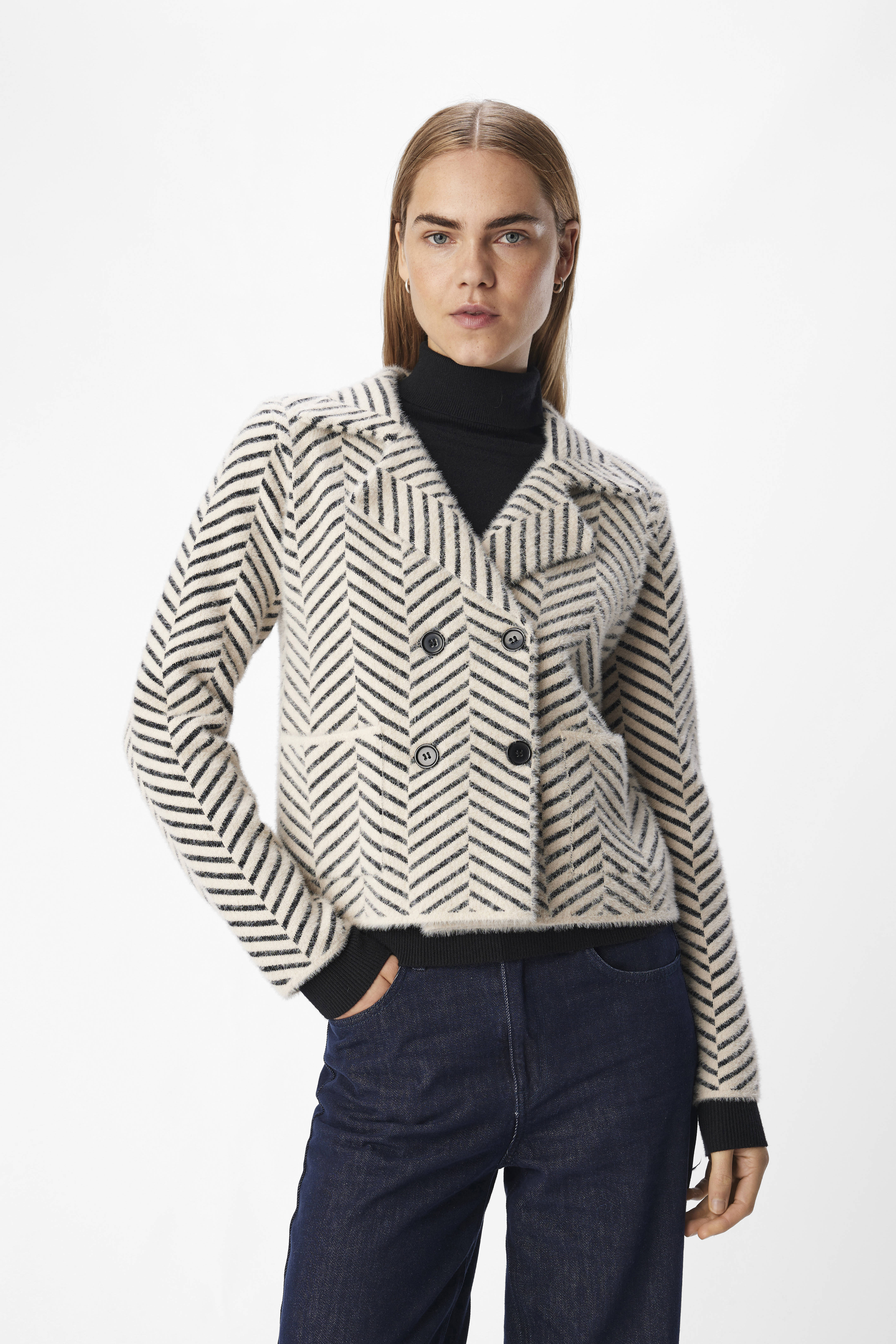 OBJECT gestreepte rechtvallende blazer OBJWEGAS wit/ grijs