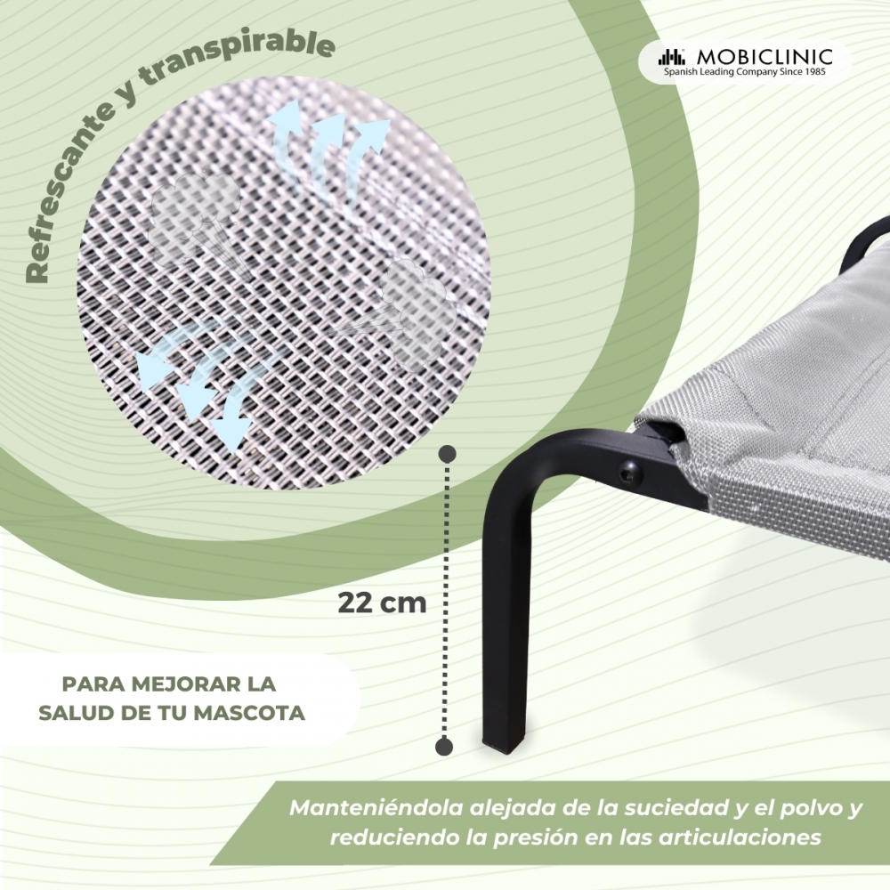 Cama elevada para animais de estimação | Isolante térmica | 122 x 71 x 21 cm | Máx. 60 kg | Leve | Durável | Cinza | Cleo | Mobiclinic