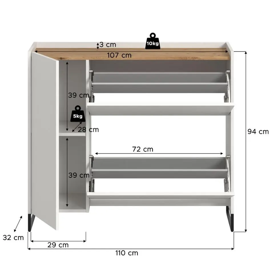 Hioshop Drive schoenenkast 1 deur- 2 vouwdeuren wit