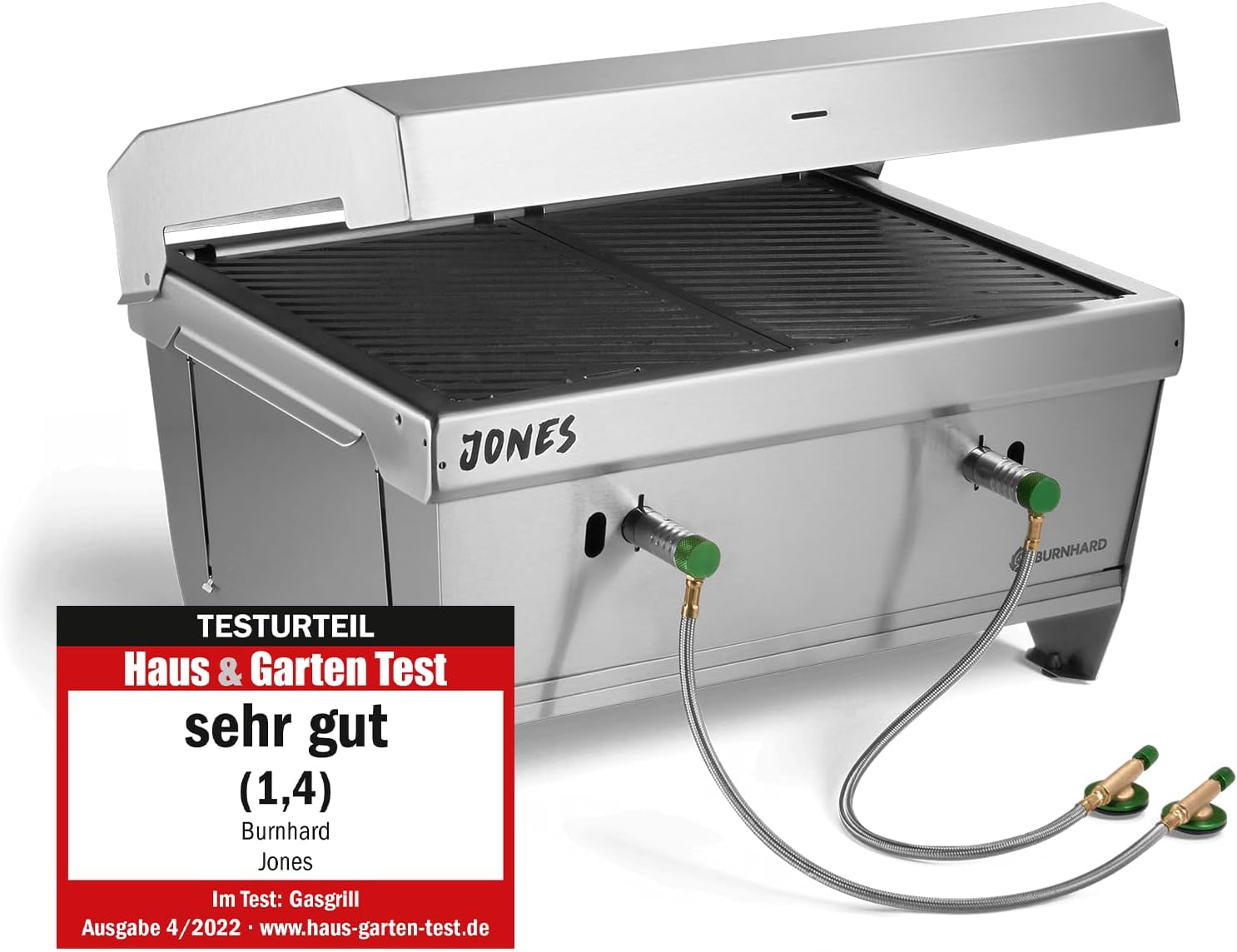 BURNHARD Camping Gasgrill JONES Edelstahl Klappgrill mit Deckel 2-Brenner 6,4 kW inkl. Transporttasche mit Rucksackfunktion und Multitool, Faltgrill ideal für Camping